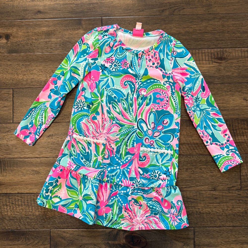 Lilly Pulitzer Girls Vira Dress Turquoise Oasis Golden Hour, size L/8-10, NEW